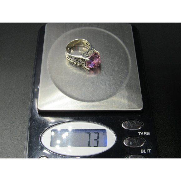 Size 5.5 Sterling Silver Pink Cubic Zirconia And Marcasite Stone Band Ring - Picture 9 of 9